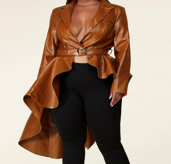 L'ATISTE Jackets & Blazers - Saddle Brown High Low Peplum Jacket